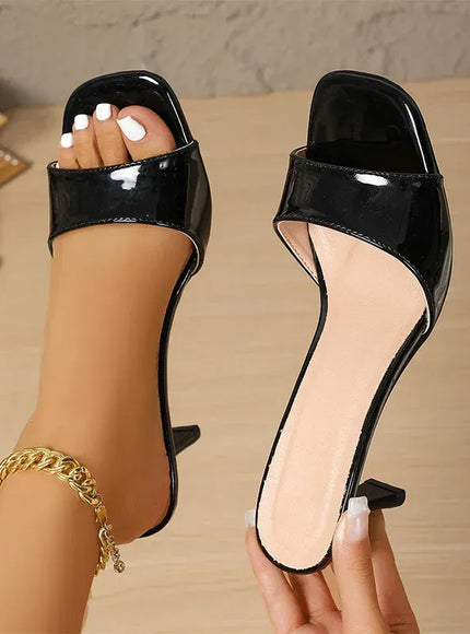 KissICON Patent Leather Black High Heels Sandals for Women