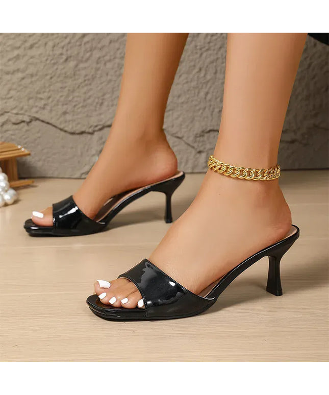 KissICON Patent Leather Black High Heels Sandals for Women