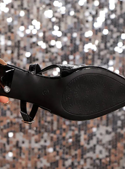KissICON Patent Leather Black Super High Heels Sandals for