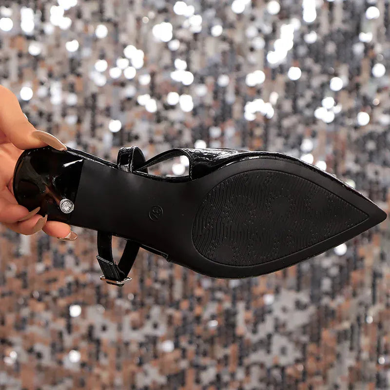 KissICON Patent Leather Black Super High Heels Sandals for