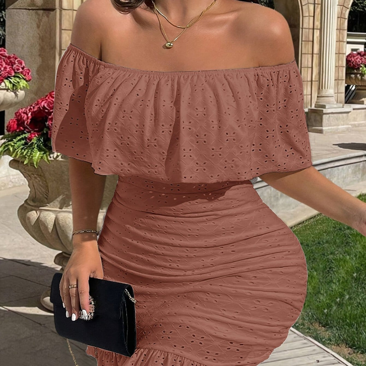jkthpu-45 Peach / UK 16 Elegant Off-Shoulder Bodycon Dress with Geometric Pattern - Stretchy Fabric, Frill Detail, All-Season Wear, Plus Size, Stylish Evening Attire|Elegant Offshoulder Style|Stretchy Dress