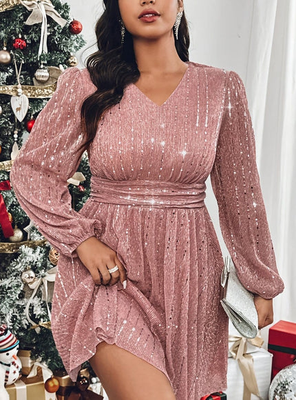 jkthpu-45 Peach / UK 16 Plus Size - Plus Size - Plus Size, Women'S Plus Size Elegant Party Dress - Formal Evening gown with V-Neck & Lantern Sleeves, Flattering Fit for Galas, Weddings, Proms - Year-Round Formal Attire, Wedding Guest Outfit, Glamorous Design, Shimmering Fabric,