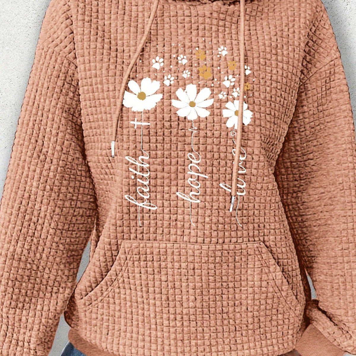 jkthpu-45 Peach / UK 18 Plus Size Women's Floral Pattern Waffle Knit Long