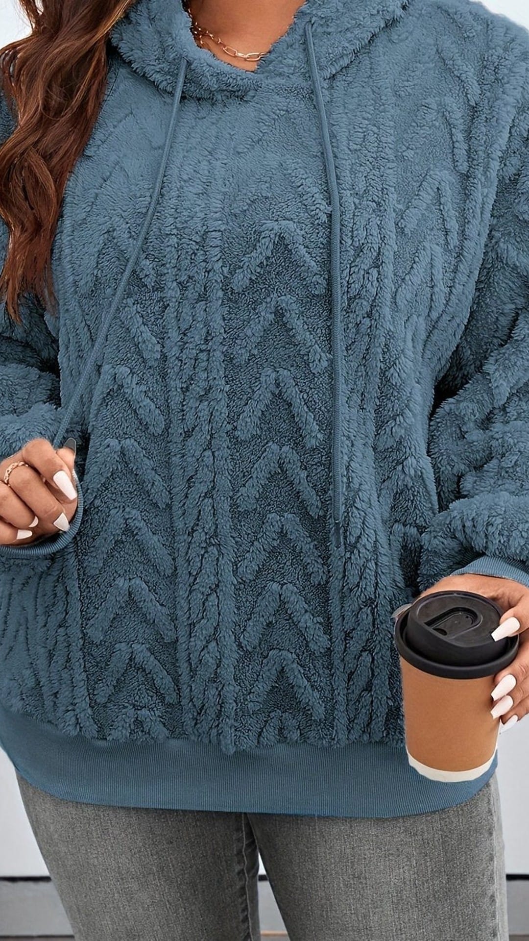 jkthpu-45 Peacock Blue / UK 16 Cozy Plus Size Teddy Fleece Drop Shoulder Hoodie