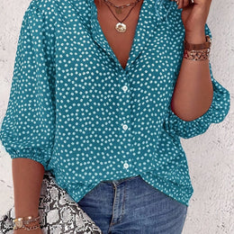 KissICON Peacock Blue / UK 16 Plus Size Women's Casual Shirt - Floral Print Front Button-Up Blouse with Puff Sleeves, Stand-Up Collar & Lightweight Breathable Fabric for Summer, Machine Washable H-Line Silhouette (Elegant Collection), Relaxed Fit Clothing