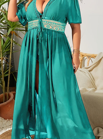 KissICON Peacock Blue / UK 16 Sheer Embroidered Deep V Tiefront Maxi Wrap Dress