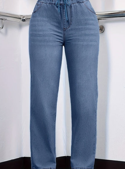 jkthpu-45 Peacock Blue / UK 18 Women's Straight-Leg Jeans - Non-See-Through Washed Blue Pants