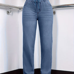 jkthpu-45 Peacock Blue / UK 18 Women's Straight-Leg Jeans - Non-See-Through Washed Blue Pants
