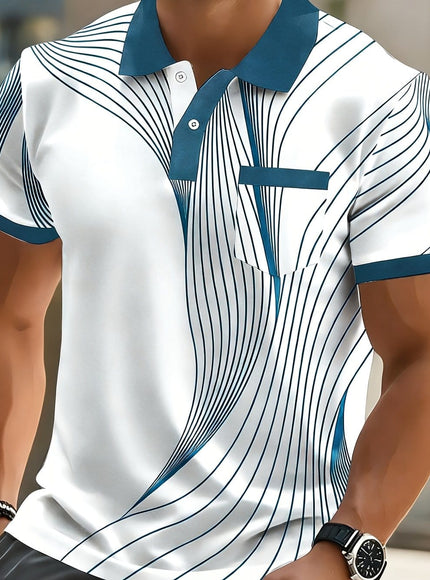 KissICON Peacock Blue / UK 44 Dynamic Line Print Mens Modern ShortSleeve Polo