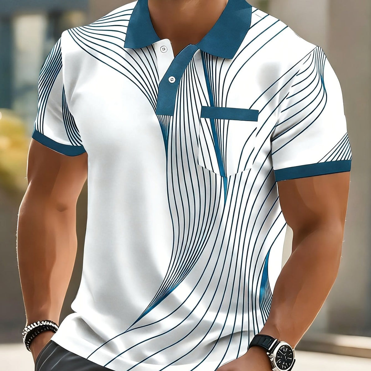KissICON Peacock Blue / UK 44 Dynamic Line Print Mens Modern ShortSleeve Polo