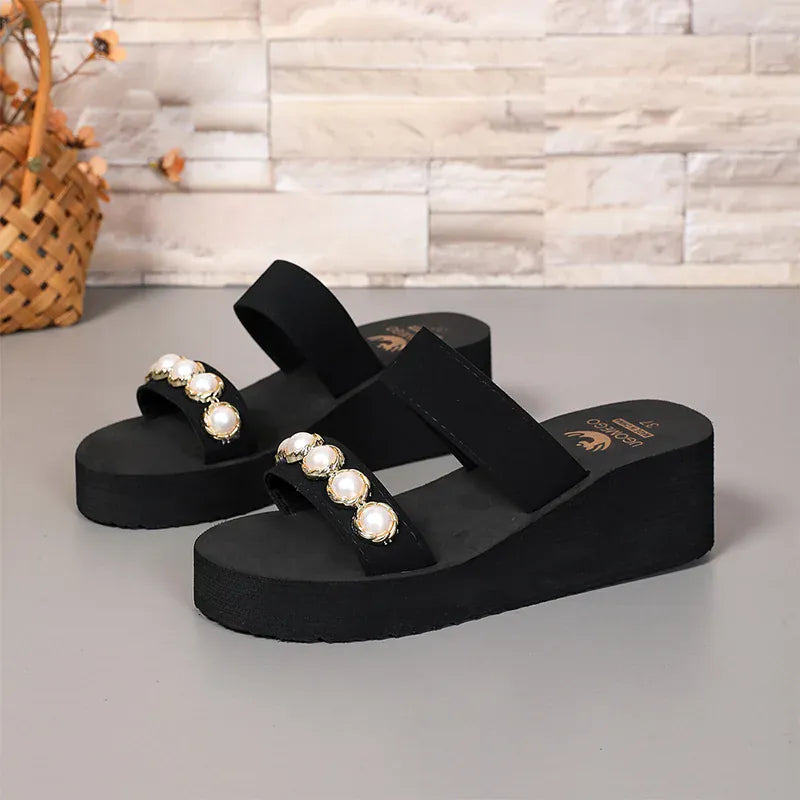 KissICON Pearl Chain Decor Wedges Sandals for Women Plus