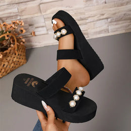 KissICON Pearl Chain Decor Wedges Sandals for Women Plus