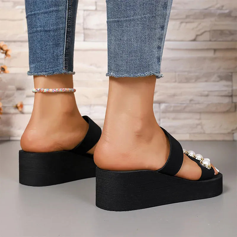 KissICON Pearl Chain Decor Wedges Sandals for Women Plus