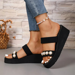 KissICON Pearl Chain Decor Wedges Sandals for Women Plus