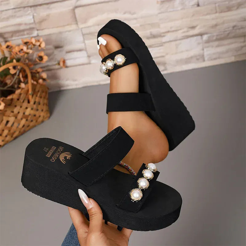 KissICON Pearl Chain Decor Wedges Sandals for Women Plus