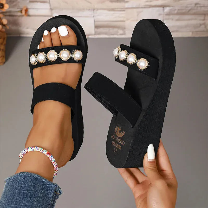 KissICON Pearl Chain Decor Wedges Sandals for Women Plus
