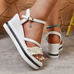 KissICON Pearl Flock Wedges Sandals for Women 2025 Fashion