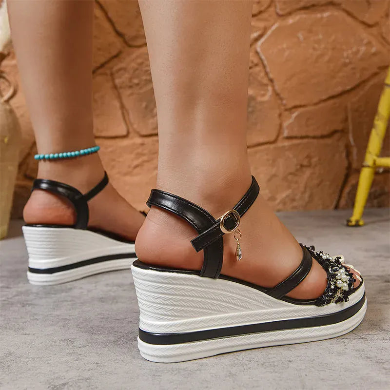 KissICON Pearl Flock Wedges Sandals for Women 2025 Fashion