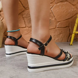 KissICON Pearl Flock Wedges Sandals for Women 2025 Fashion