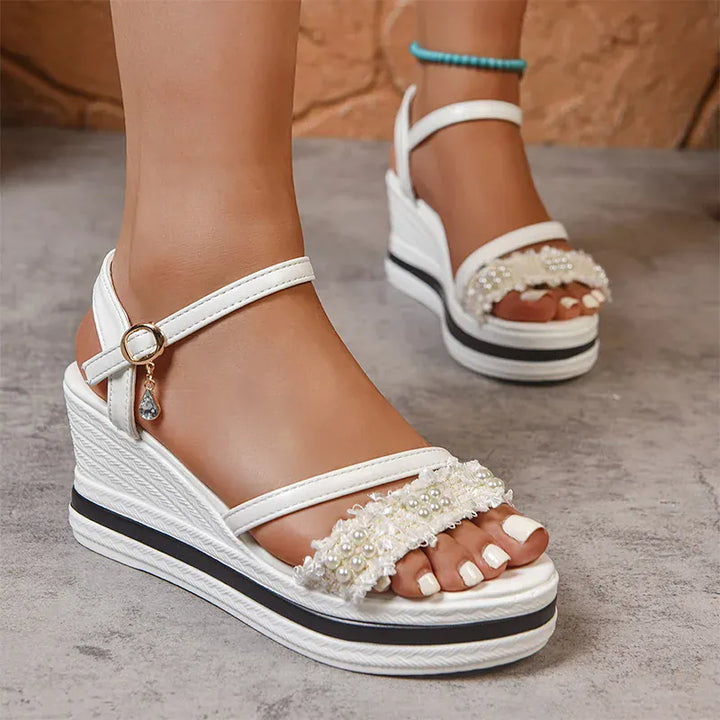 Pearl Flock Wedges Sandals for Women 2025 Fashion
