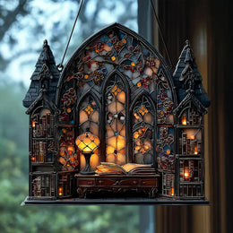 KissICON pendant MS11271 Halloween Gothic House Hanging Decor Acrylic Building Shape with Book & Lantern Design Window Pendant Art Wall Ornament for Home