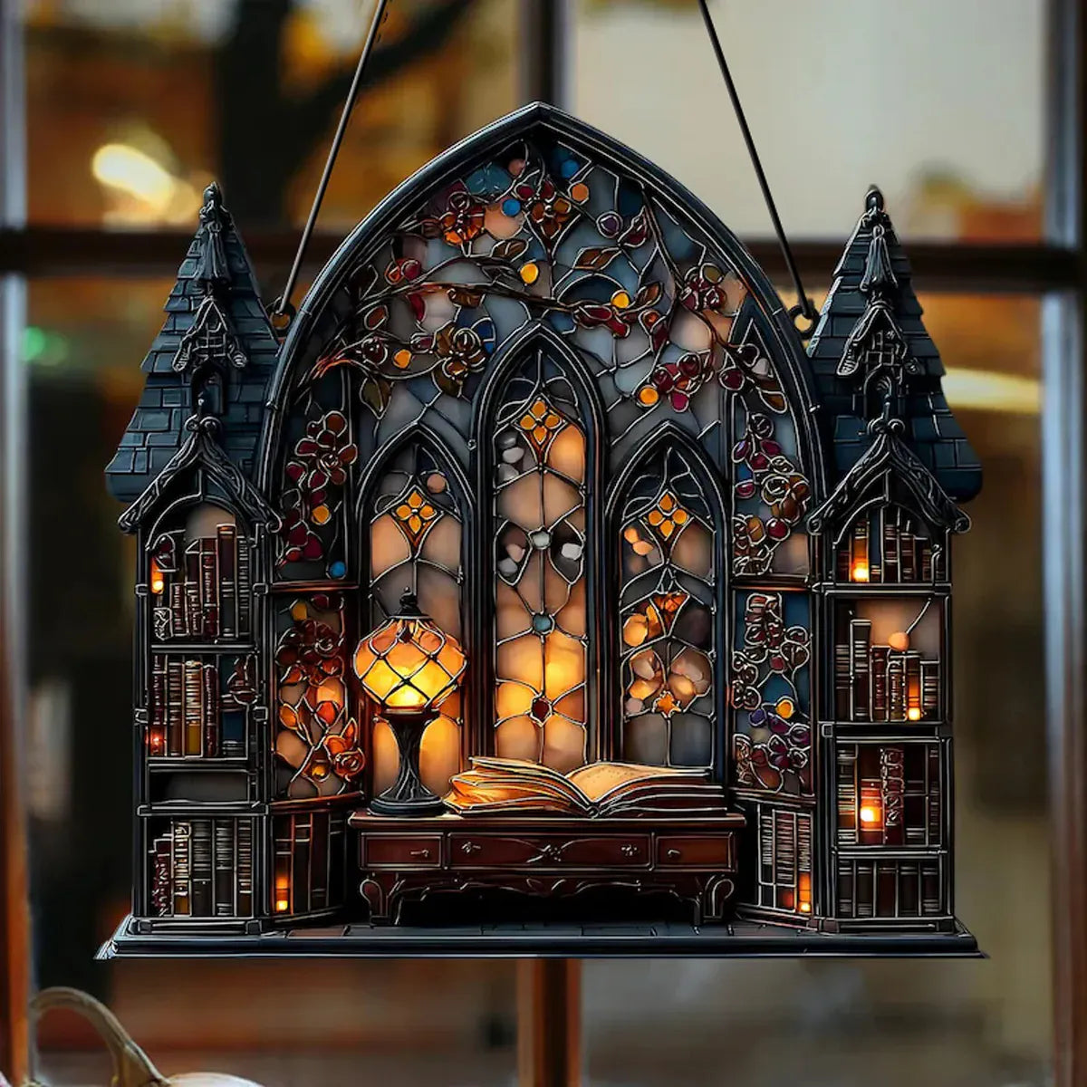 KissICON pendant MS11271 Halloween Gothic House Hanging Decor Acrylic Building Shape with Book & Lantern Design Window Pendant Art Wall Ornament for Home