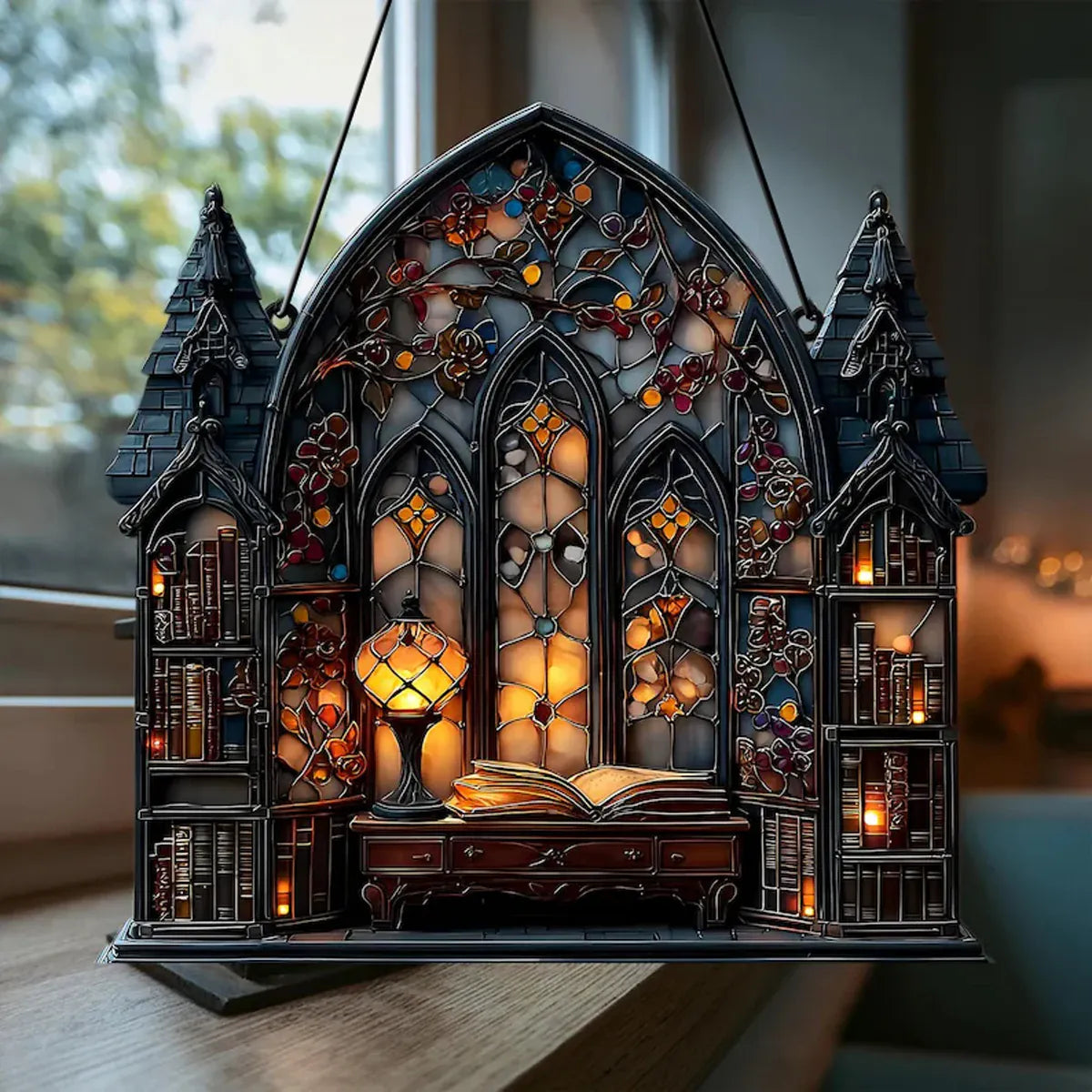 KissICON pendant MS11271 Halloween Gothic House Hanging Decor Acrylic Building Shape with Book & Lantern Design Window Pendant Art Wall Ornament for Home
