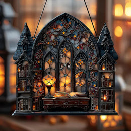 KissICON pendant MS11271 Halloween Gothic House Hanging Decor Acrylic Building Shape with Book & Lantern Design Window Pendant Art Wall Ornament for Home