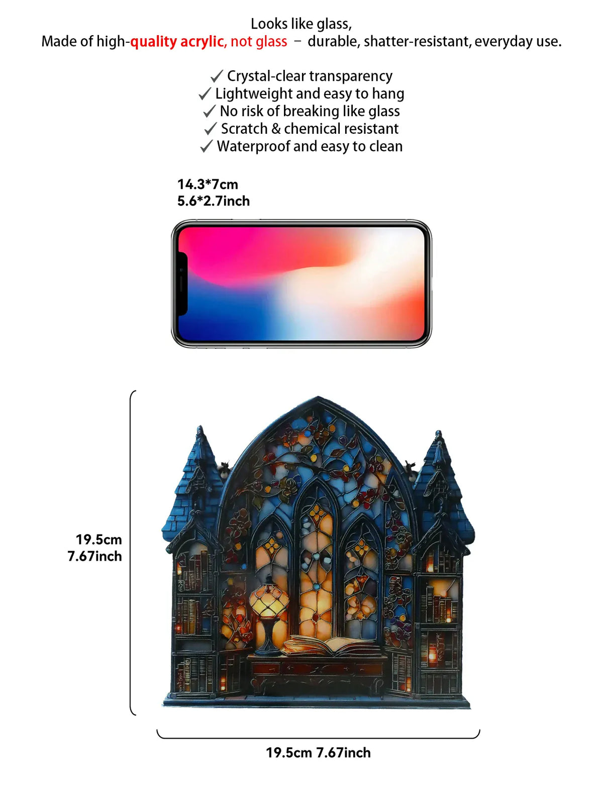 KissICON pendant MS11271 Halloween Gothic House Hanging Decor Acrylic Building Shape with Book & Lantern Design Window Pendant Art Wall Ornament for Home