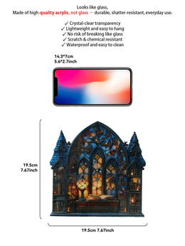 KissICON pendant MS11271 Halloween Gothic House Hanging Decor Acrylic Building Shape with Book & Lantern Design Window Pendant Art Wall Ornament for Home