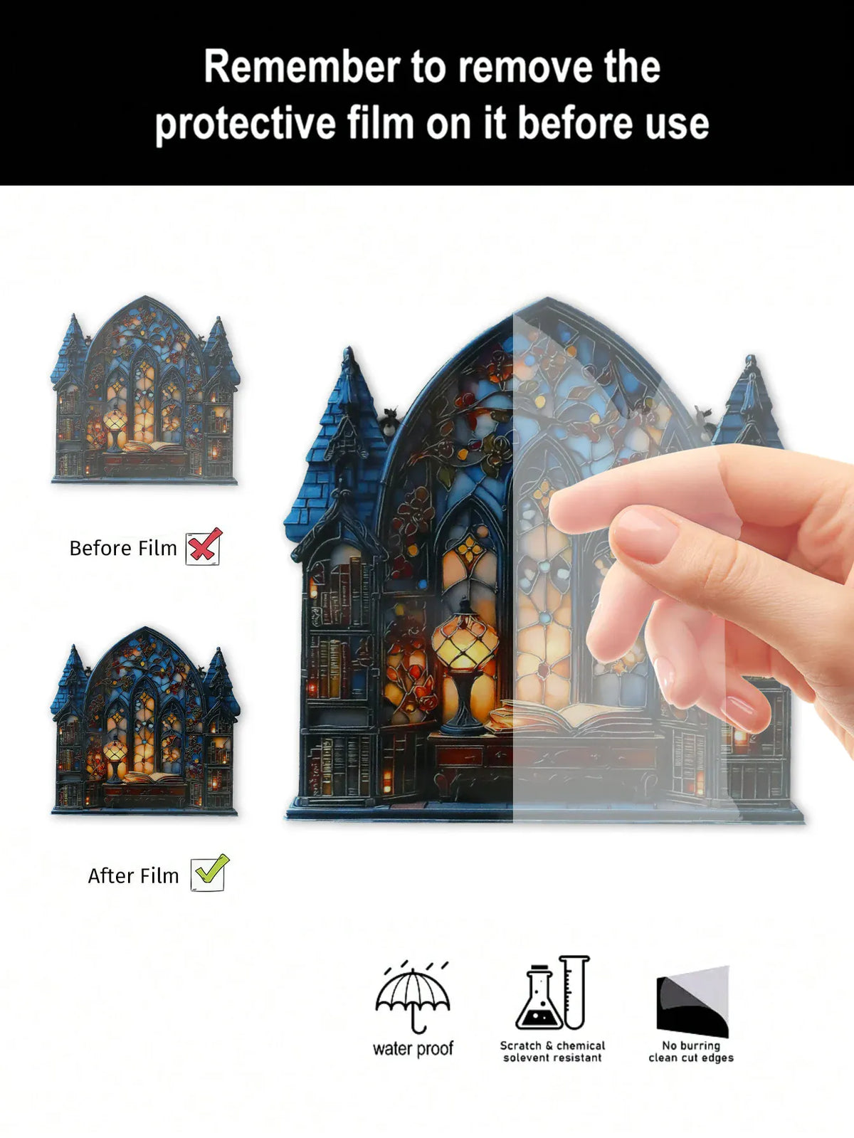 KissICON pendant MS11271 Halloween Gothic House Hanging Decor Acrylic Building Shape with Book & Lantern Design Window Pendant Art Wall Ornament for Home