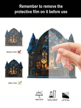 KissICON pendant MS11271 Halloween Gothic House Hanging Decor Acrylic Building Shape with Book & Lantern Design Window Pendant Art Wall Ornament for Home