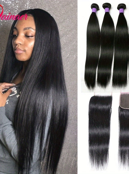 KissICON Peruvian Straight Bundles With Closure 4x4 Virgin Remy