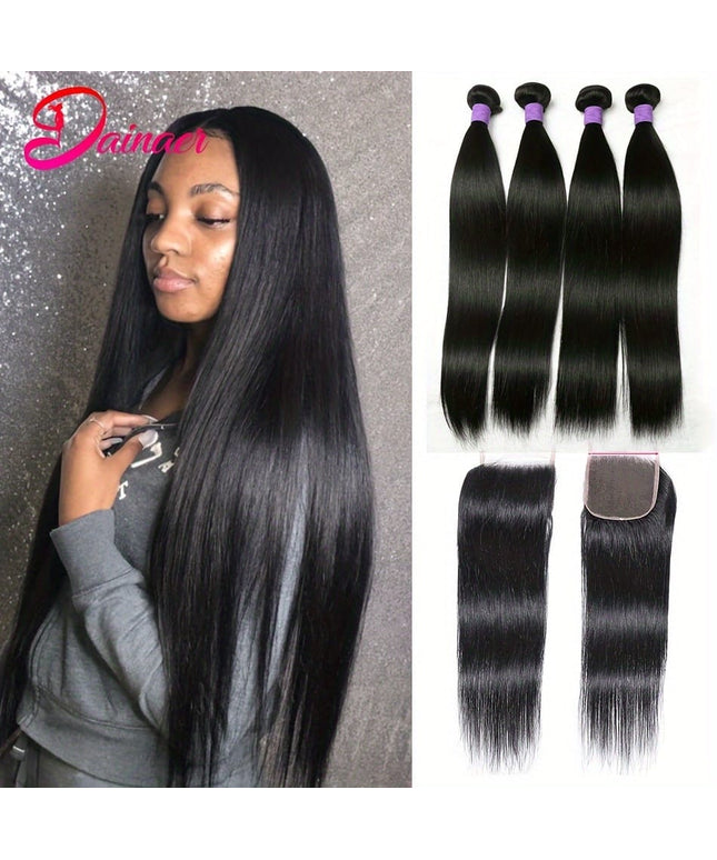 KissICON Peruvian Straight Bundles With Closure 4x4 Virgin Remy