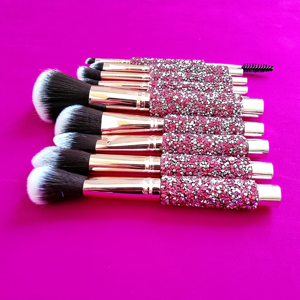 KissICON Pink 10 makeup brushes + 1 brush bag + 1 powder puff + 1 wash bowl Hot Selling Rhinestone Pink Makeup Brush Set