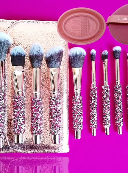 KissICON Pink 10 makeup brushes + 1 brush bag + 1 powder puff + 1 wash bowl Hot Selling Rhinestone Pink Makeup Brush Set