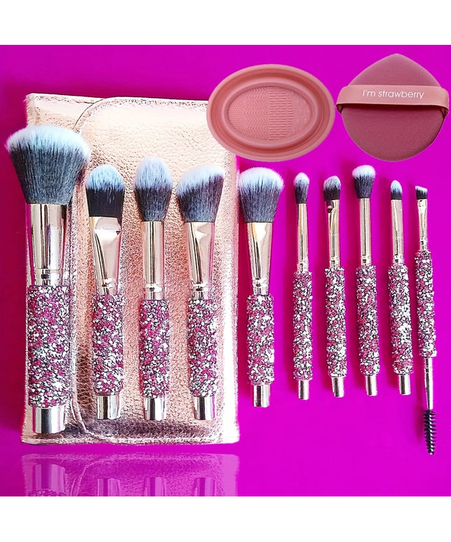 KissICON Pink 10 makeup brushes + 1 brush bag + 1 powder puff + 1 wash bowl Hot Selling Rhinestone Pink Makeup Brush Set