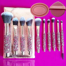 KissICON Pink 10 makeup brushes + 1 brush bag + 1 powder puff + 1 wash bowl Hot Selling Rhinestone Pink Makeup Brush Set