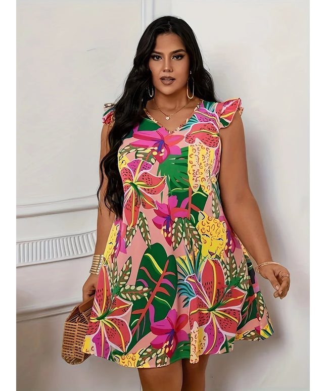 KissICON Pink / 1XL Plus Size Summer Vacation Dress for Women Casual Floral Print V Neck Curve Clothing Butterfly Sleeve Dresses