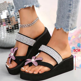 KissICON Pink / 36 Large Pearl Flower Wedges Sandals for Women Shiny