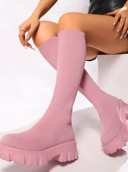 KissICON Pink / 36 Pink Chunky Platform Long Boots Women Trend Thick