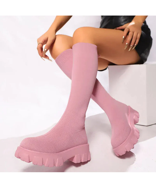 KissICON Pink / 36 Pink Chunky Platform Long Boots Women Trend Thick
