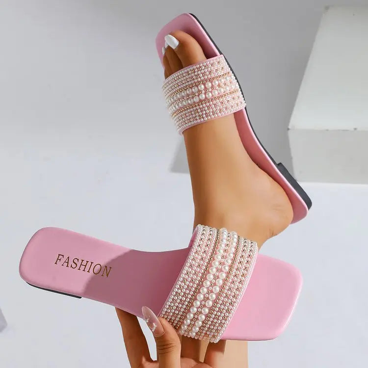KissICON Pink / 37 Women's Flat Bottom Sandals 2025 Summer New Style Beaded Rhinestone Shoes Womens Outdoor Fashion Slippers