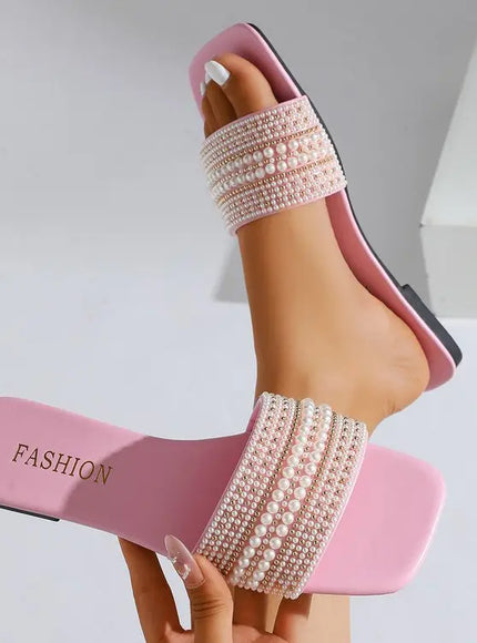 KissICON Pink / 39 Women's Flat Bottom Sandals 2025 Summer New Style Beaded Rhinestone Shoes Womens Outdoor Fashion Slippers