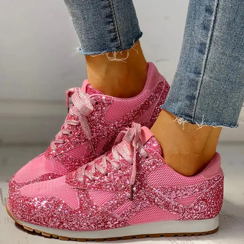 Dropshipman Pink / 4 Women Flat Glitter Sneakers Casual Bling Vulcanized Shoes Female Mesh Lace Up Platform Comfort Plus Size Fashion Ladies Autumn99