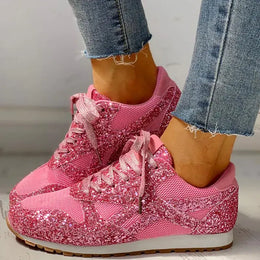 Dropshipman Pink / 4 Women Flat Glitter Sneakers Casual Bling Vulcanized Shoes Female Mesh Lace Up Platform Comfort Plus Size Fashion Ladies Autumn99