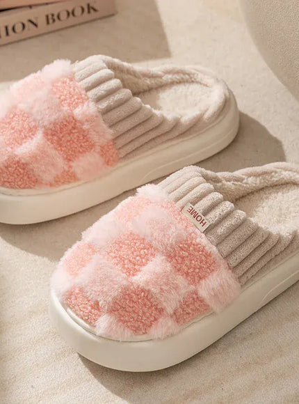 KissICON Pink / 40-41 Fashion Couple Winter Flip Flops Warm Plaid Plush