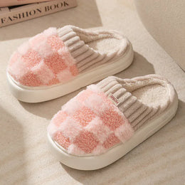 KissICON Pink / 40-41 Fashion Couple Winter Flip Flops Warm Plaid Plush