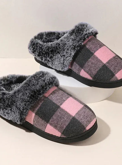 KissICON Pink / 40-41 Fashion Grid Pattern Fuzzy Slippers Women Closed Toe