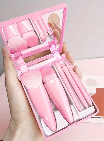 KissICON Pink 5Pcs Makeup Brush Set With Mirror Foldable Travel